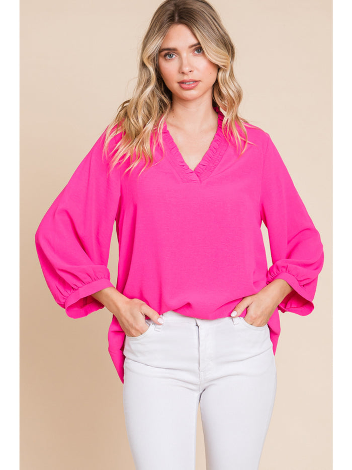 Solid top with frilled a V-neck, three quarter bubble sleeves