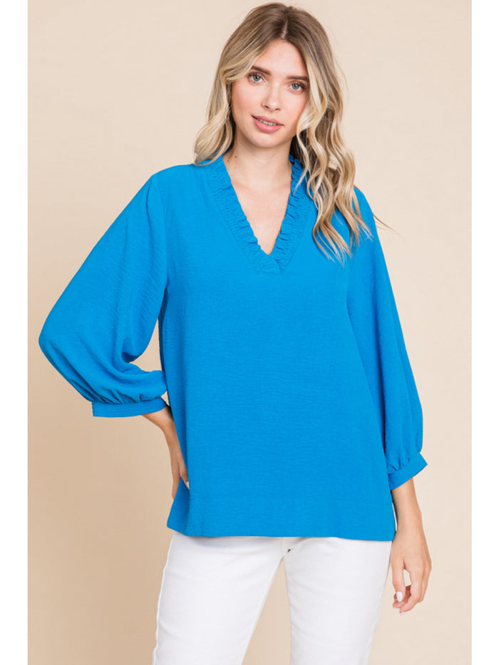 Solid top with frilled a V-neck, three quarter bubble sleeves