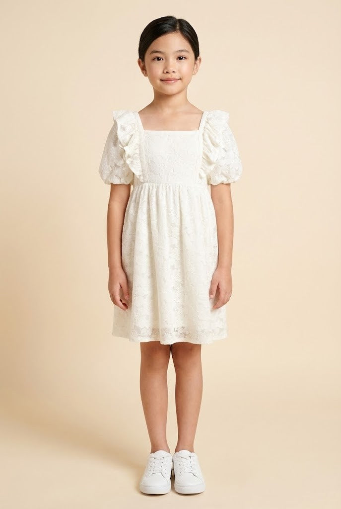 Girls Floral Lace Fabric Ruffled Square Neck Dress
