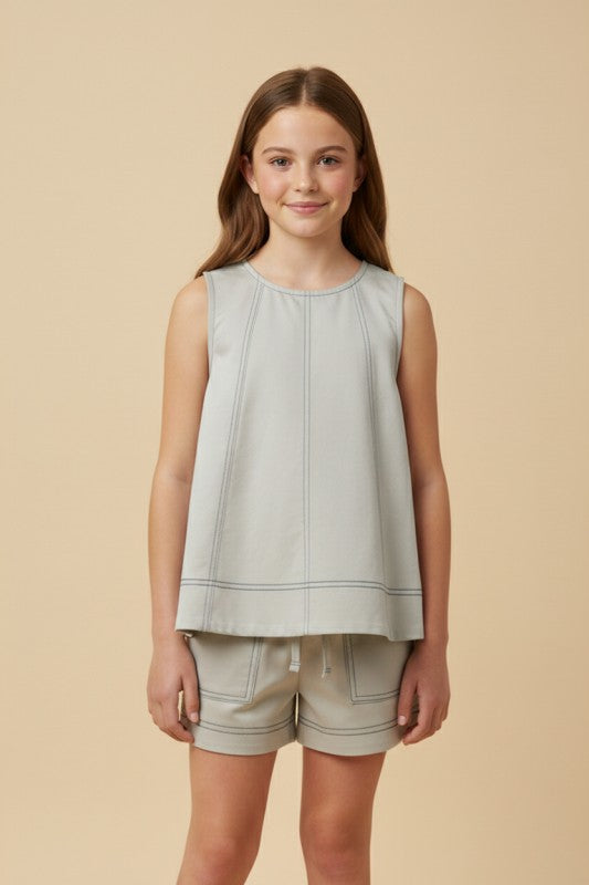 Girls Contrast Stitched Panel Detail Knit Short Set