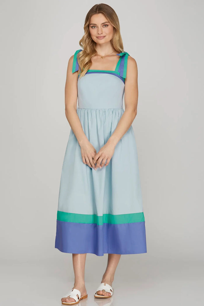 COLOR BLOCK TUBE MIDI DRESS WITH RIBBON SHOULDER TIES AND POCKETS