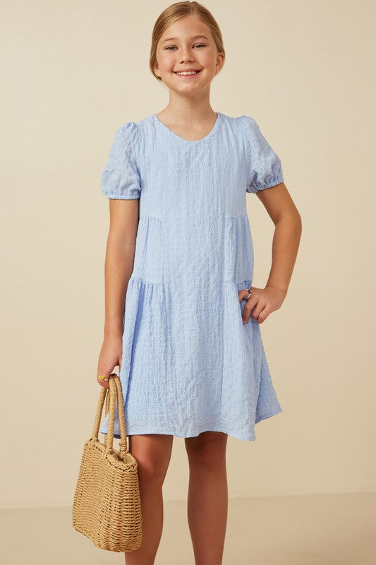 Girls Textured Side Panel Detail Puff Sleeve Dress