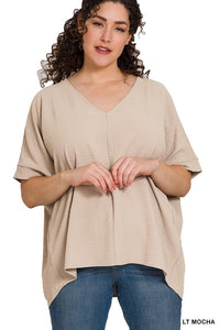 PLUS WOVEN AIRFLOW V-NECK DOLMAN SHORT SLEEVE TOP