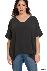 PLUS WOVEN AIRFLOW V-NECK DOLMAN SHORT SLEEVE TOP