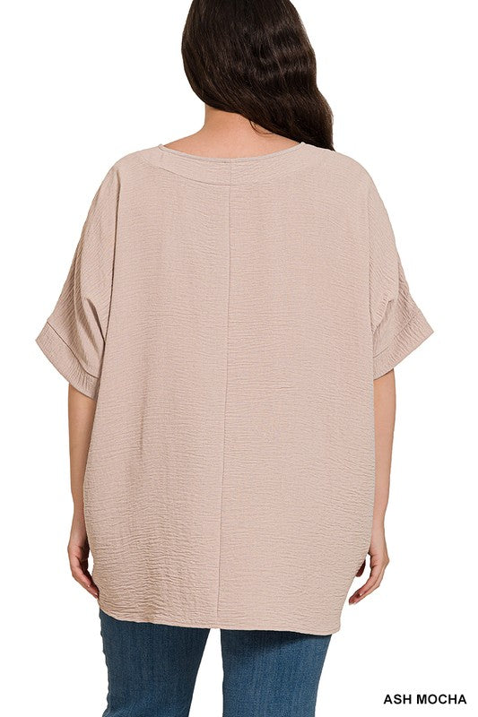 PLUS WOVEN AIRFLOW V-NECK DOLMAN SHORT SLEEVE TOP