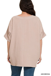 PLUS WOVEN AIRFLOW V-NECK DOLMAN SHORT SLEEVE TOP