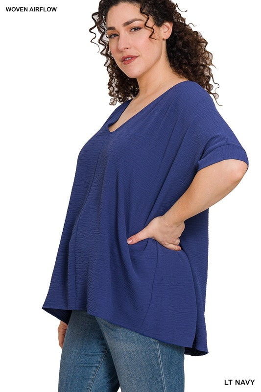 PLUS WOVEN AIRFLOW V-NECK DOLMAN SHORT SLEEVE TOP