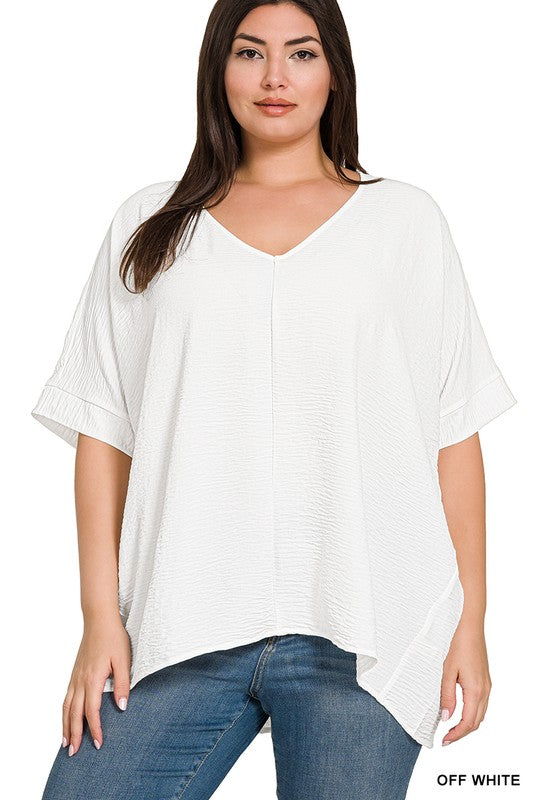 PLUS WOVEN AIRFLOW V-NECK DOLMAN SHORT SLEEVE TOP