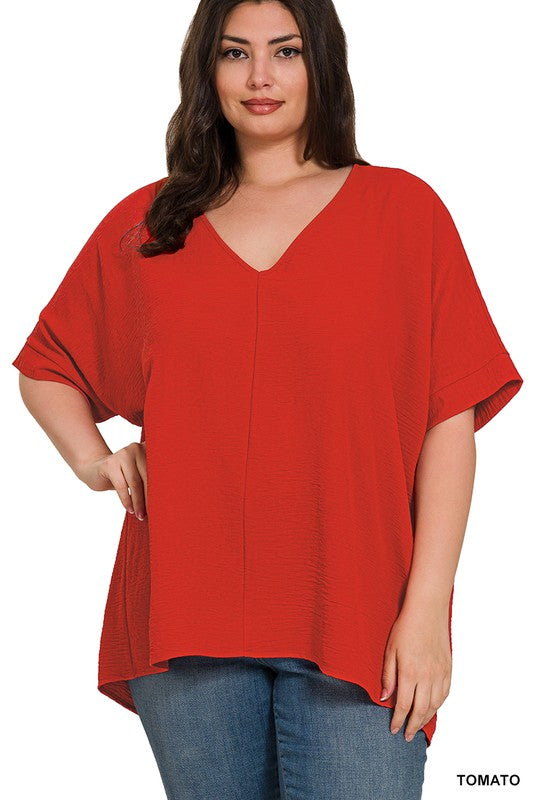 PLUS WOVEN AIRFLOW V-NECK DOLMAN SHORT SLEEVE TOP