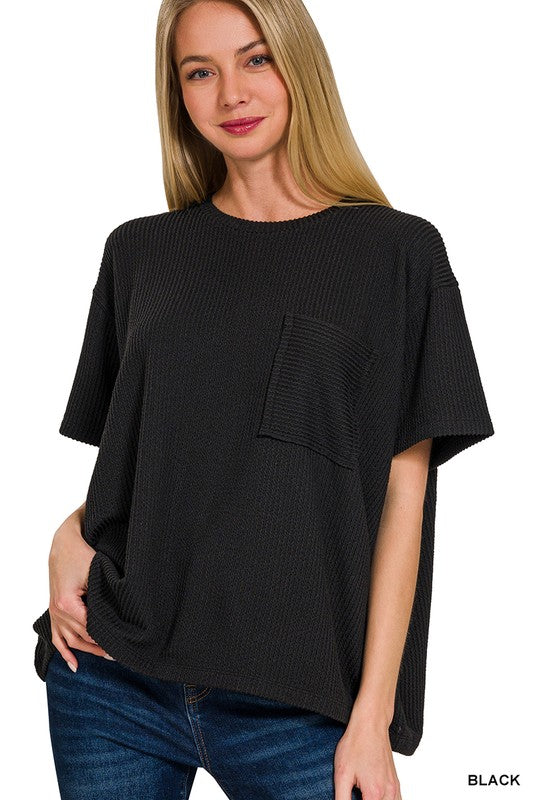 CORDED RIB SHORT SLEEVE FRONT POCKET TOP