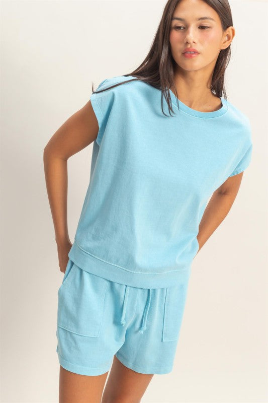 Sleeveless Crew Neck Top And Shorts Set