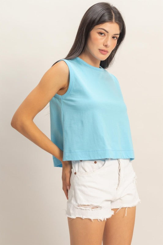 Sleeveless Crew Neck Top With Back Pleats