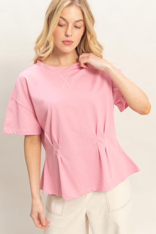 Pleated Hem Crew Neck Top