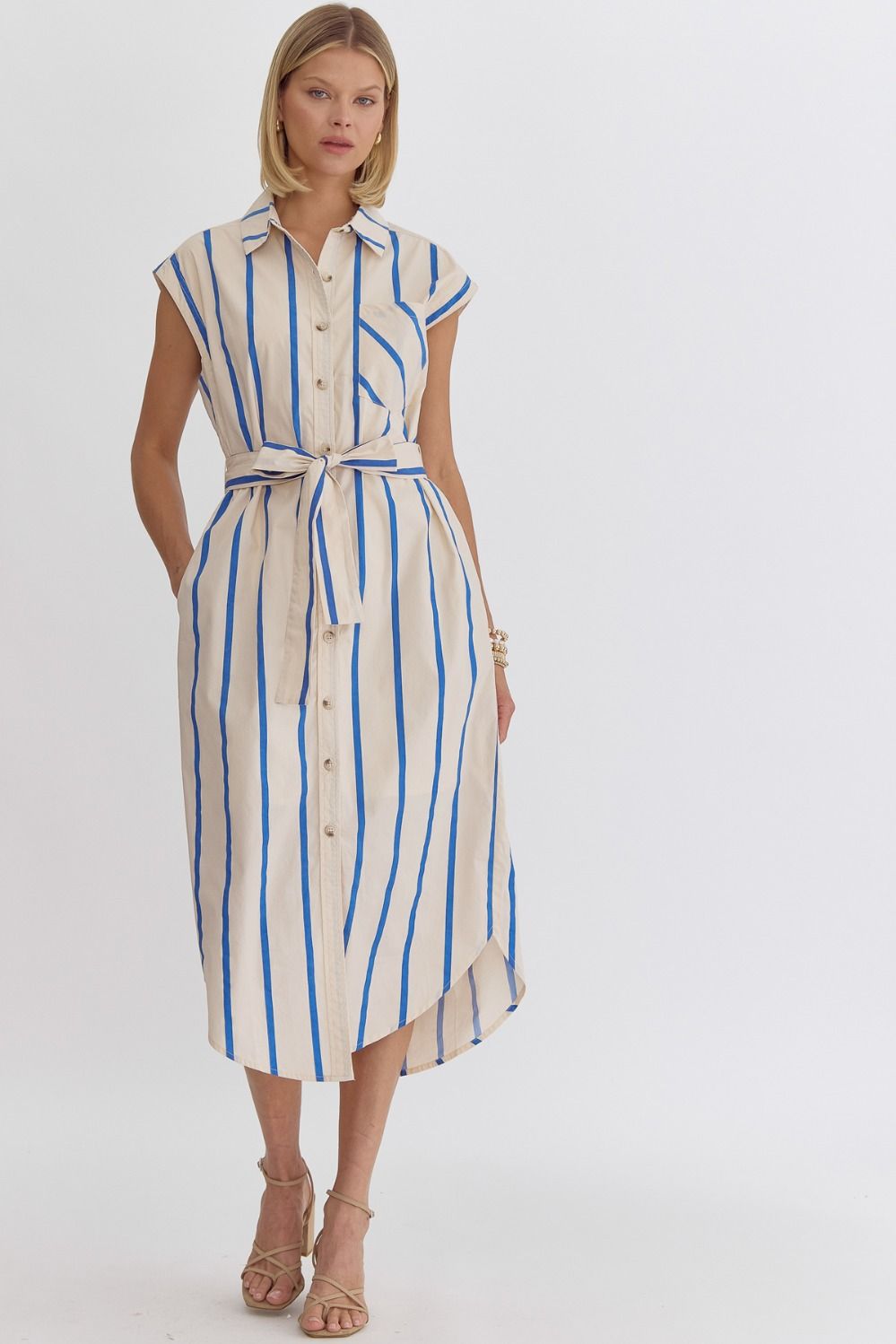 Striped sleeveless button up collared midi dress