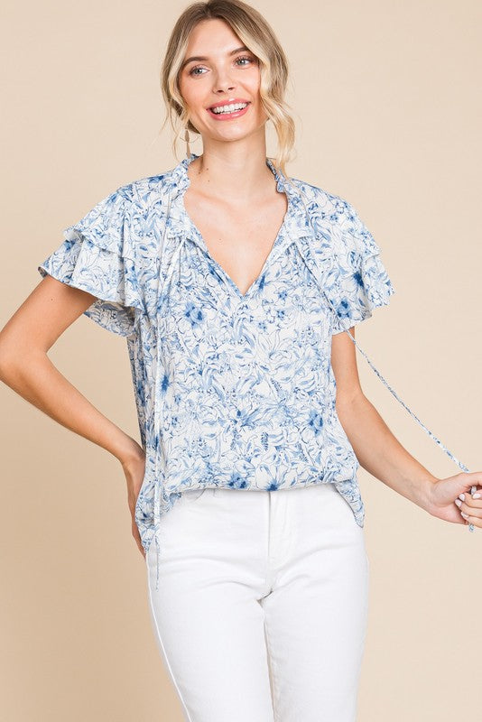 Floral Print Self-Tie Neck Top