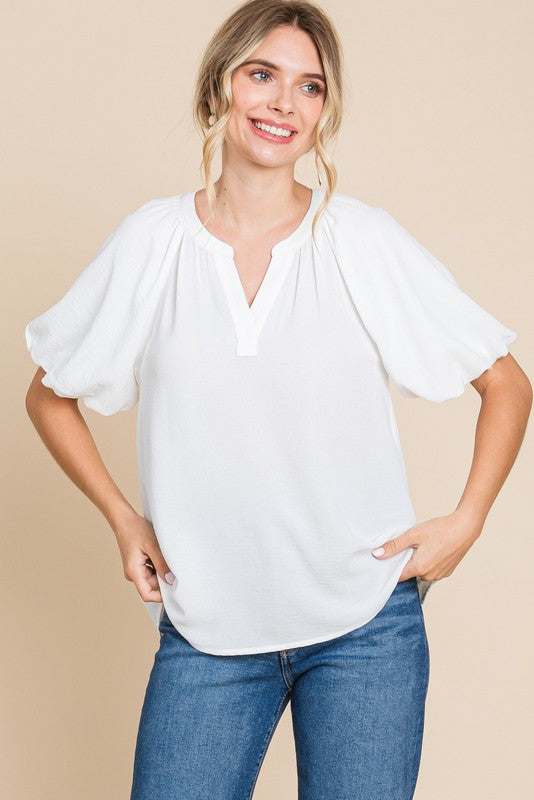 Solid Short Balloon Sleeves Top