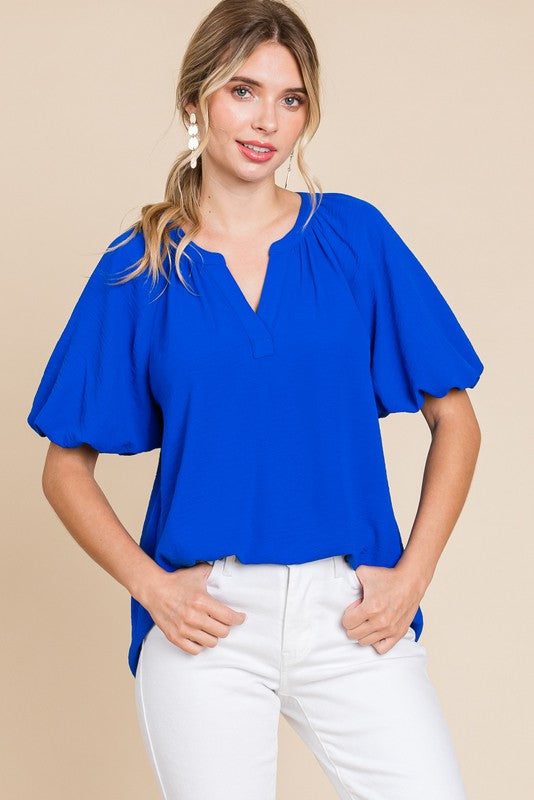 Solid Short Balloon Sleeves Top