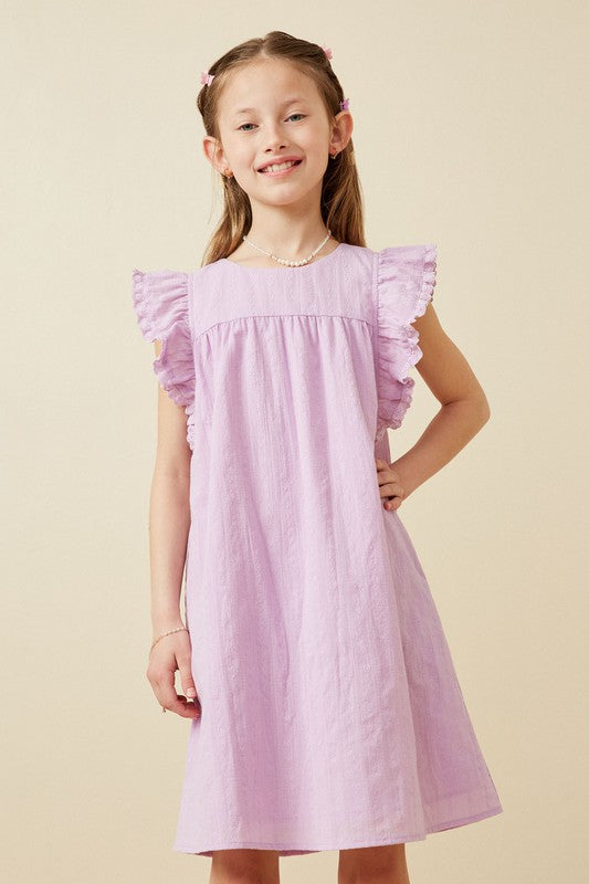 Girls Textured Lace Trim Ruffle Sleeve Dress