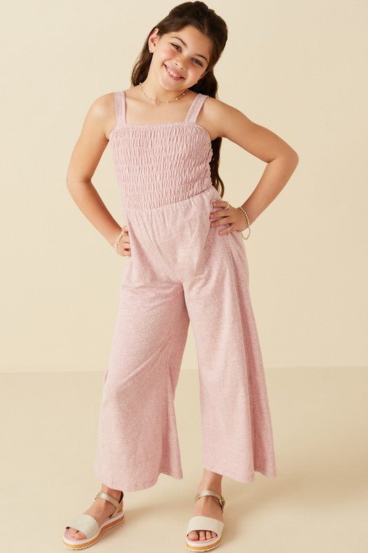 Girls Smocked Strappy Marled Knit Jumpsuit