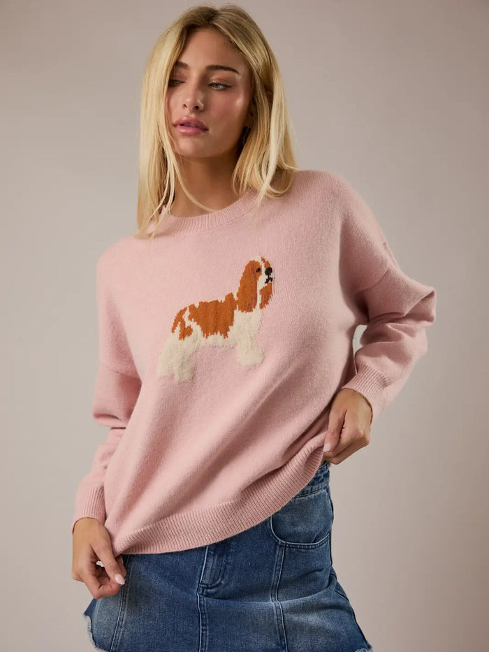 Crew Neck King Charles Spaniel Dog Graphic Sweater