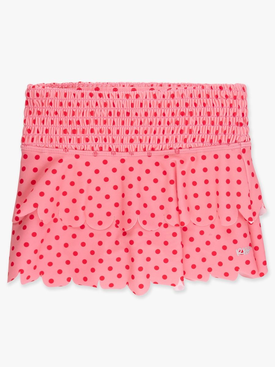 RuffleButts Active Tiered Flare Skort Bubblegum & Vintage Red Polka Dots