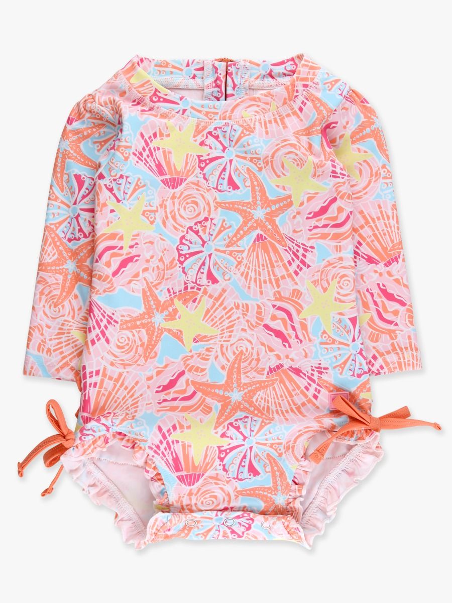 Sunset Seashells Long Sleeve One Piece Rash Guard Swimsuit, With Signature Rear Ruffles