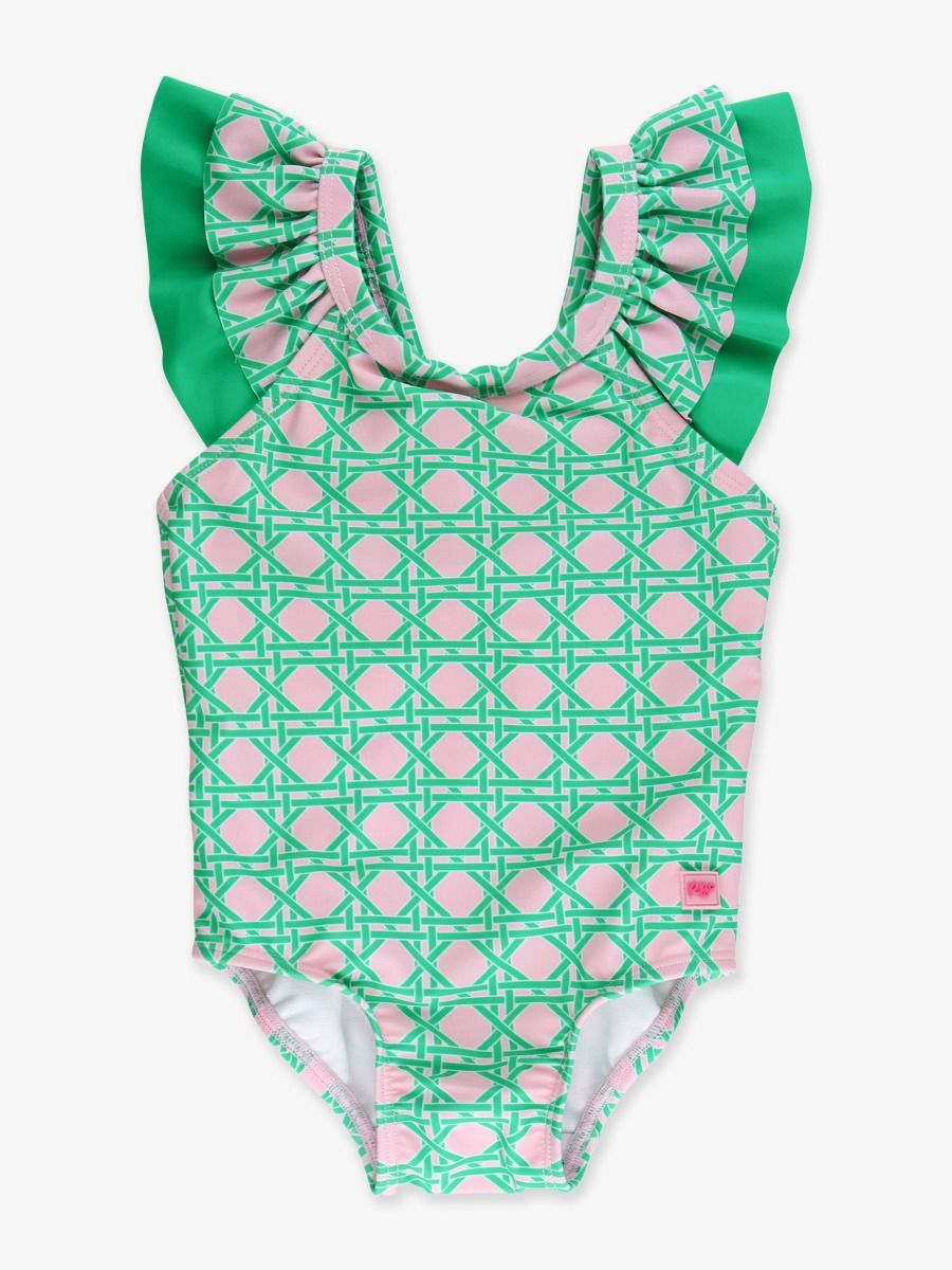RuffleButts Pink Coastal Cane Bow V-Back One Piece Swimsuit