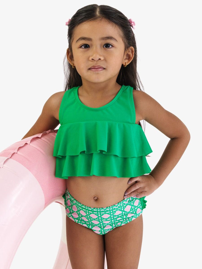 RuffleButts Pink Coastal Cane Flounce Bikini 2-Piece Swimsuit, With Signature Rear Ruffles