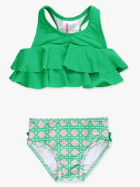RuffleButts Pink Coastal Cane Flounce Bikini 2-Piece Swimsuit, With Signature Rear Ruffles
