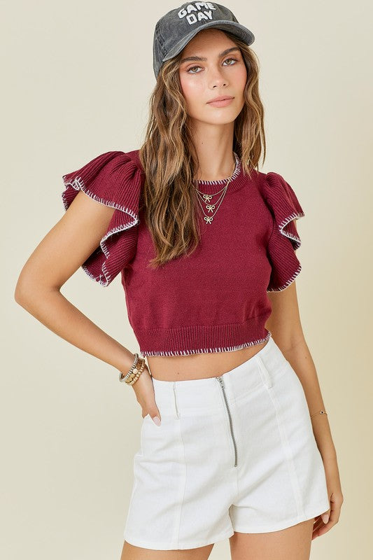 RUFFLE SLEEVES CONTRAST DETAIL CROPPED SWEATER