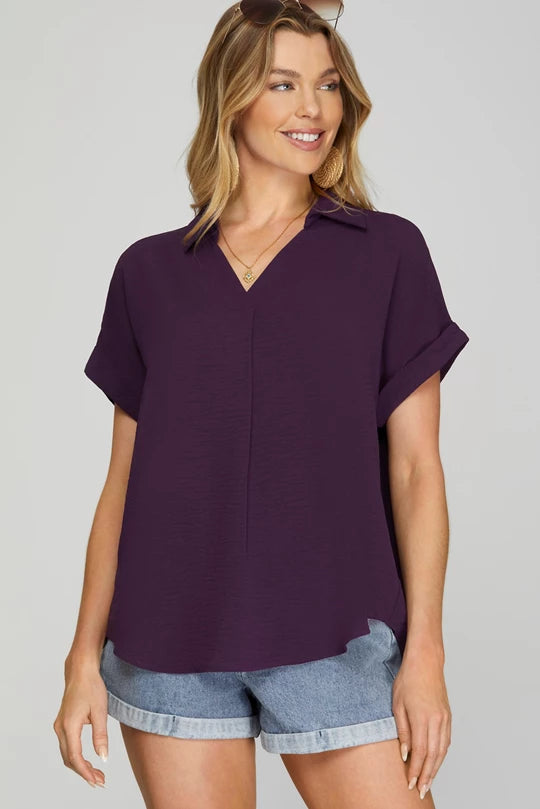 DROP SHOULDER COLLARED WOVEN TOP