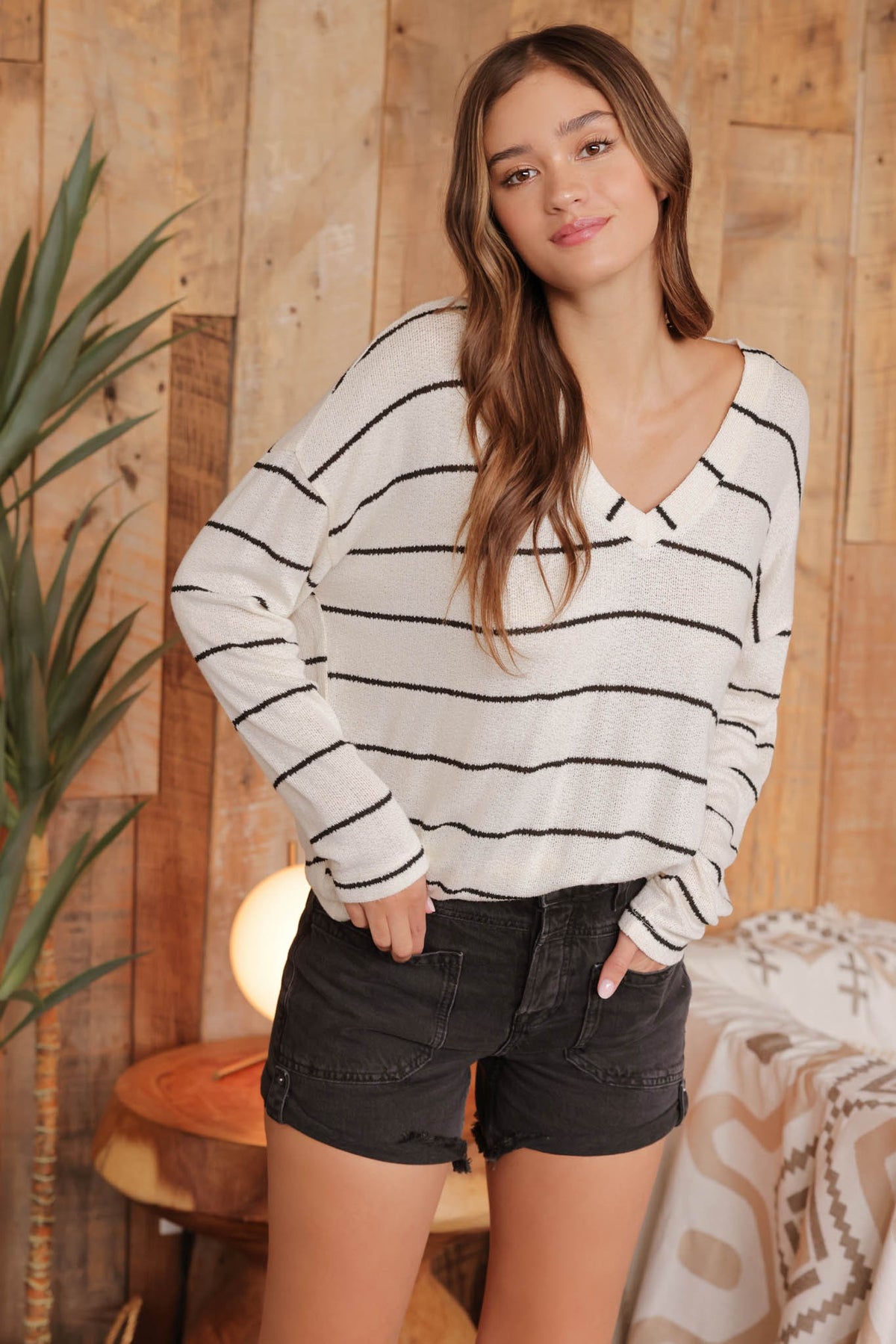 STRIPE V NECK DROP SHOULDER LONG SLEEVE KNIT TOP