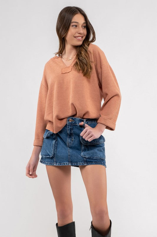 3/4 FOLD SLEEVE ROUGH HEM KNIT TOP