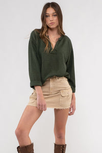 3/4 FOLD SLEEVE ROUGH HEM KNIT TOP