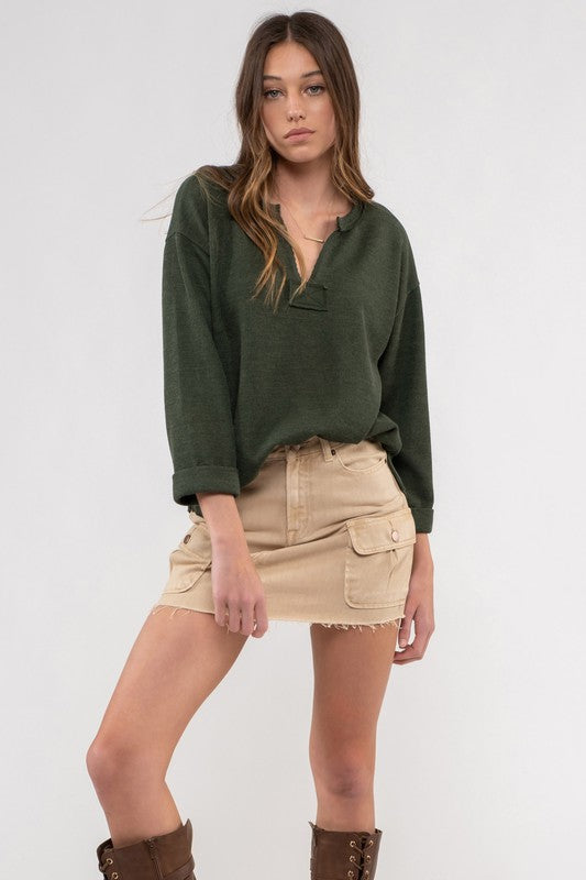 3/4 FOLD SLEEVE ROUGH HEM KNIT TOP