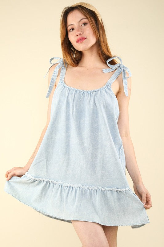 Shoulder Tie Washed Denim Mini Dress