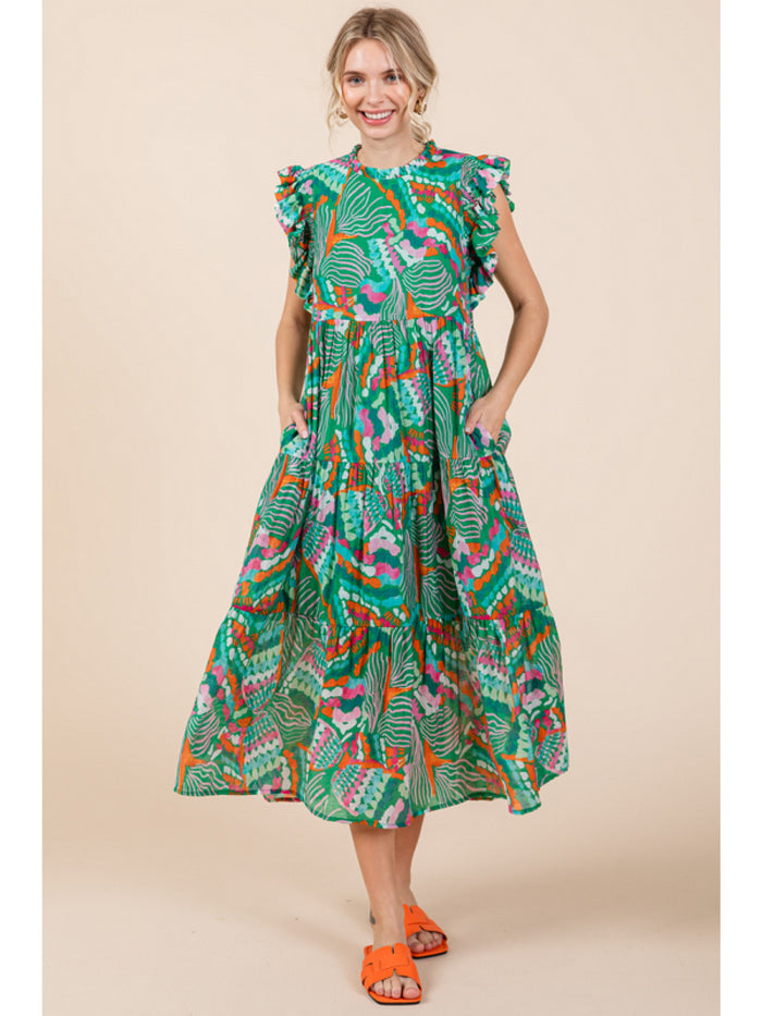 Print chiffon midi dress with a frilled neck