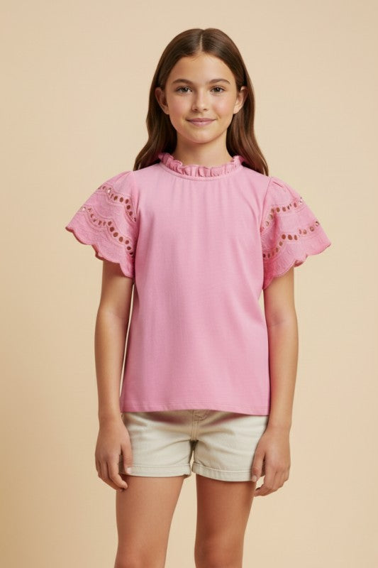 Girls Scalloped Eyelet Lace Sleeved Knit T Shirt