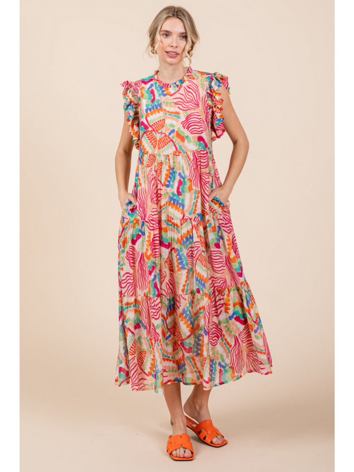 Print chiffon midi dress with a frilled neck
