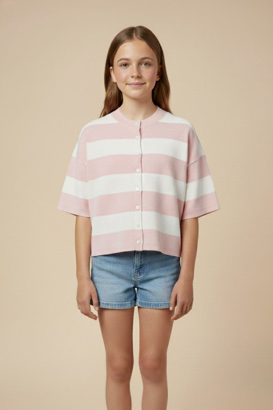 Girls Striped Button Down Knitted Top