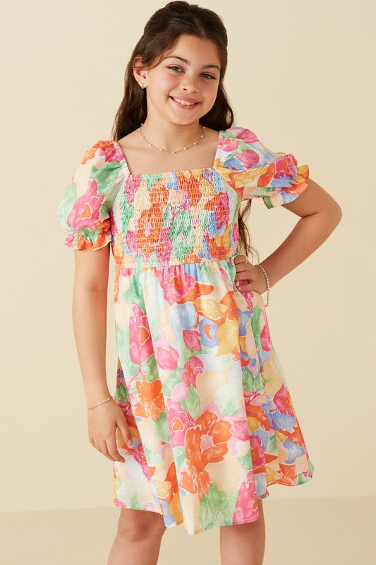 Girls Bold Floral Smocked Square Neck Dress