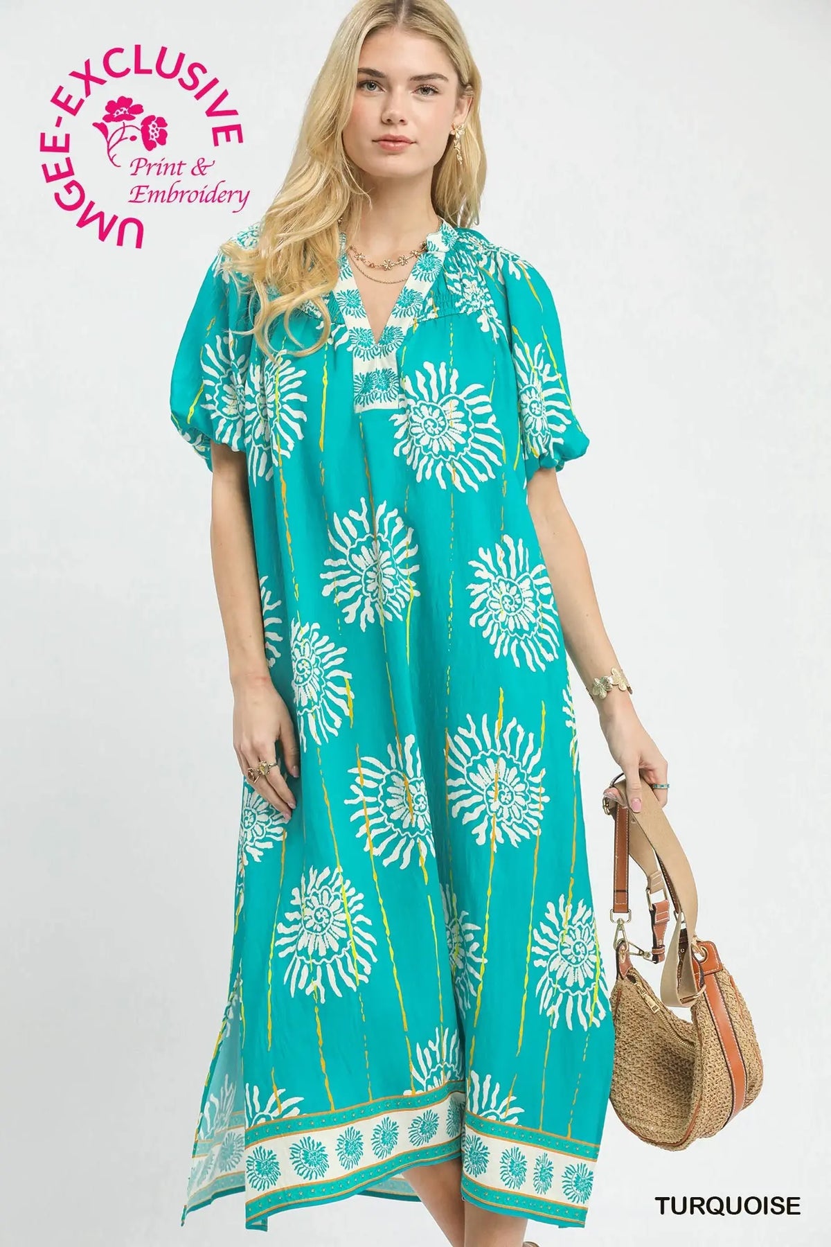 Collar Smocked V-Neck Midi Dress