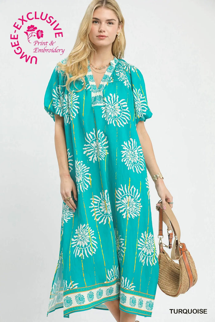 Collar Smocked V-Neck Midi Dress