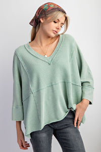 PLUS SIZE-MINERAL WASHED THERMAL V NECK KNIT TOP