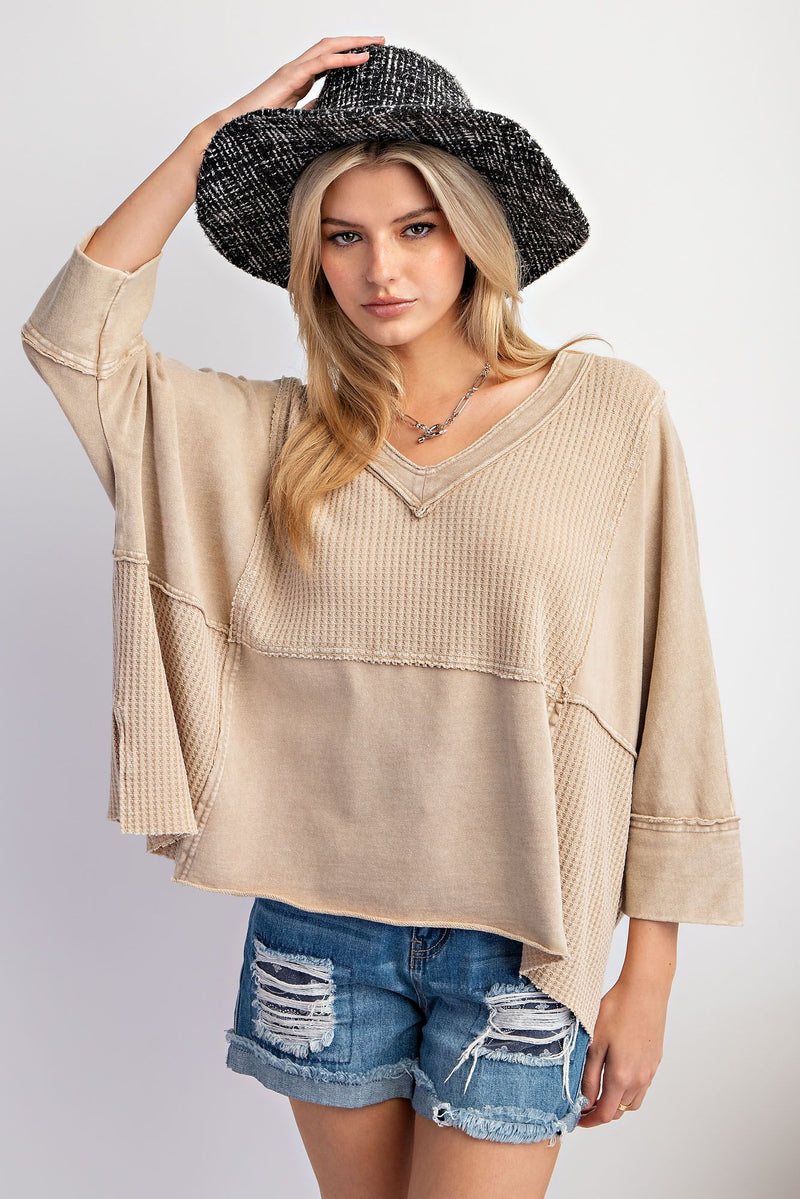 PLUS SIZE-MINERAL WASHED THERMAL V NECK KNIT TOP