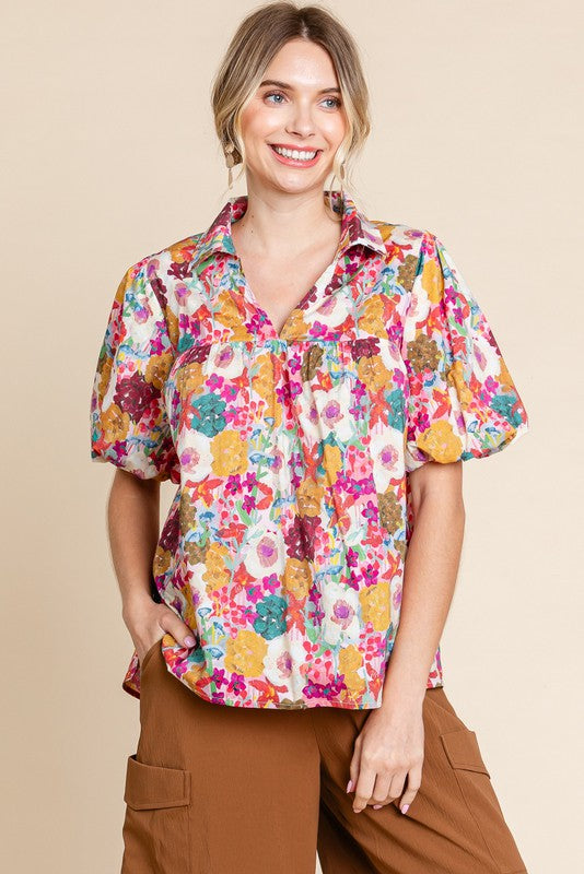 Floral Print Open Collared Neck Top