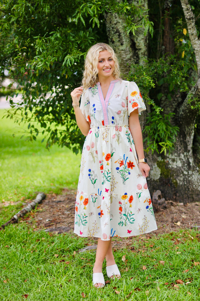 Floral Print Midi Dress w/ Stripe Contrast