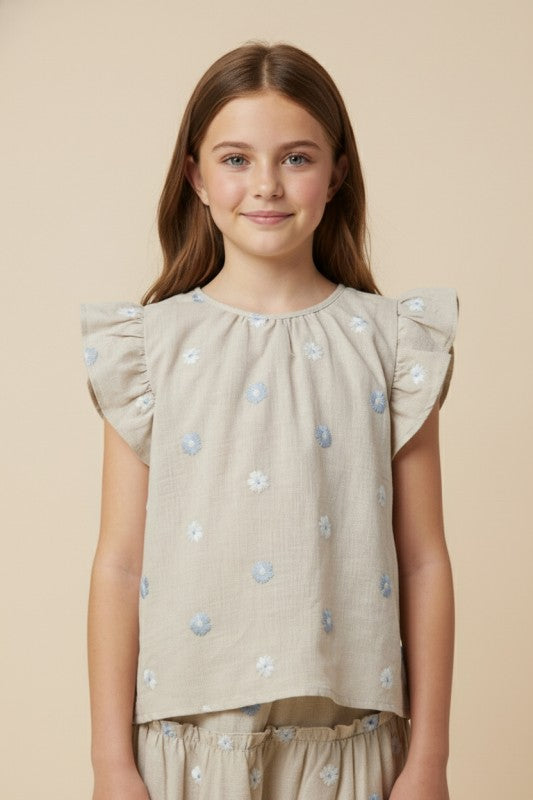 Girls Floral Embroidered Ruffled Tank Top