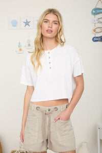 Boxy Short Sleeve Knit Henley Crop Top