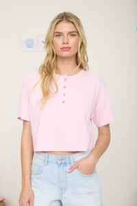 Boxy Short Sleeve Knit Henley Crop Top